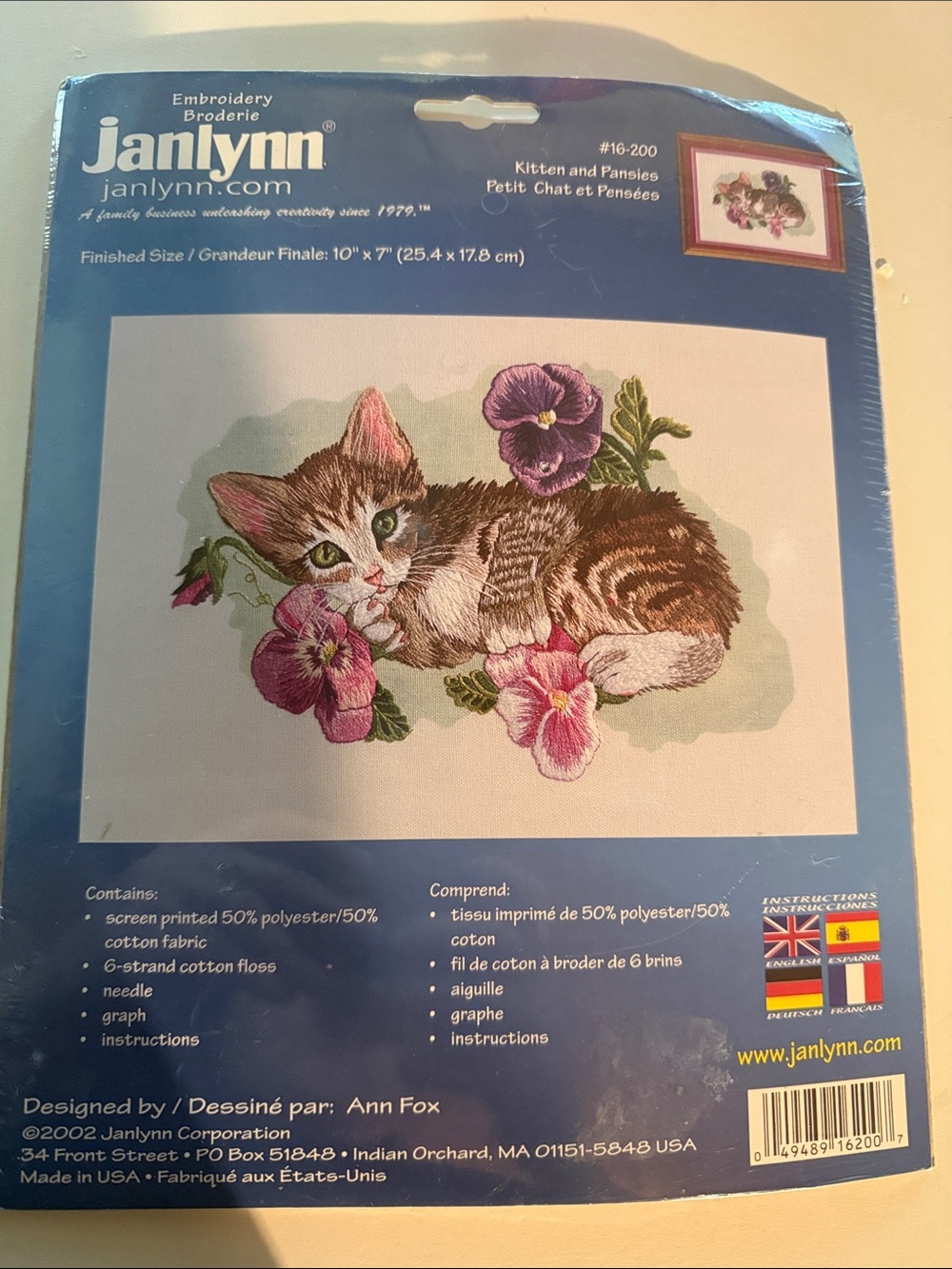 Janlynn Kitten and Pansies Embroidery Kit - New in Pkg